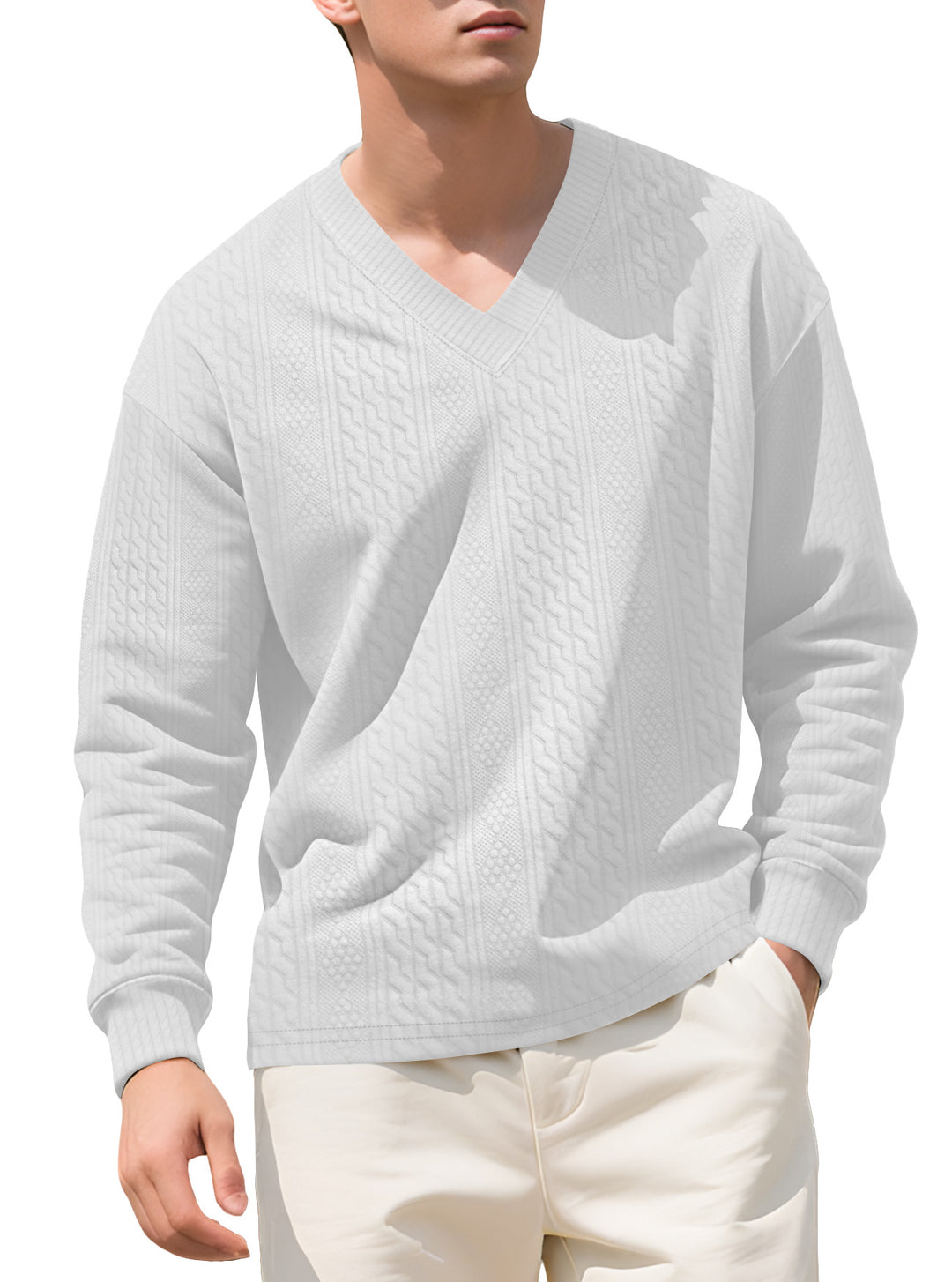 Herren nan strukturierter V-Ausschnitt Strickpullover mit Kabel- und Wabenmuster EB