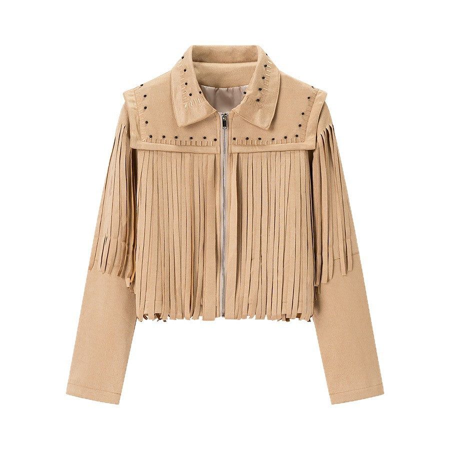 Damen Fransenjacke aus Wildlederimitat mit Zipper und stilvollen Applikationen EB