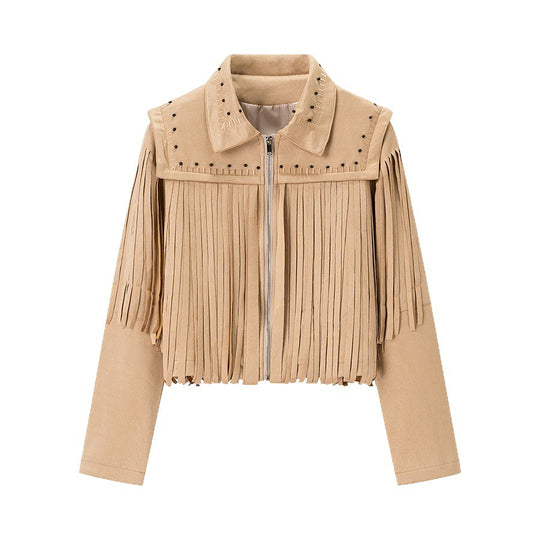 Damen Fransenjacke aus Wildlederimitat mit Zipper und stilvollen Applikationen EB
