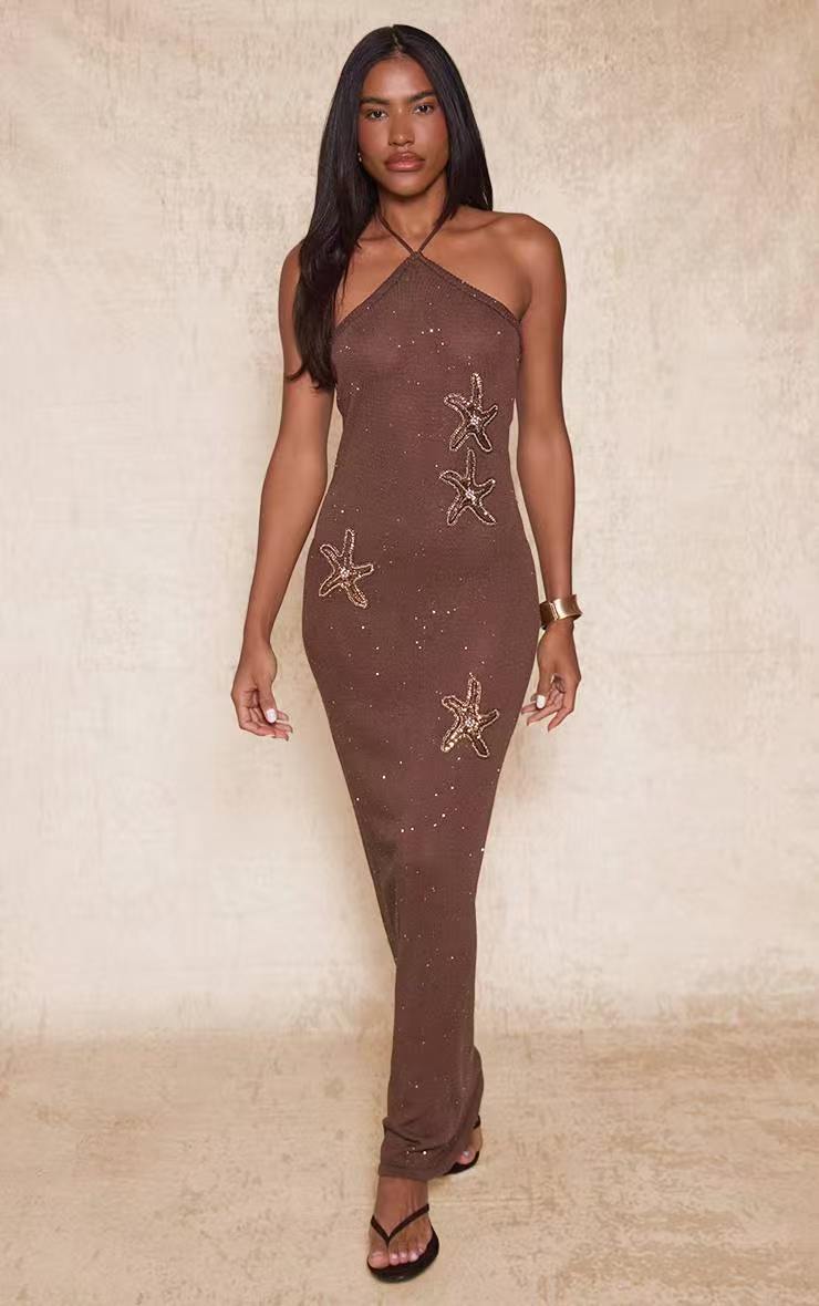 Damen elegantes Maxikleid mit schimmerndem Strickmuster EB