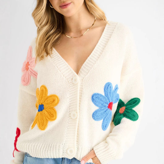 Damen Cardigan mit dreidimensionalen Blumenapplikationen und V-Ausschnitt EB
