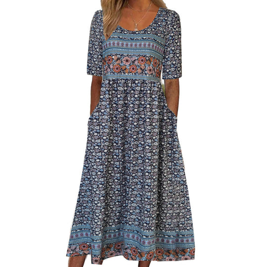EB | Rundhalsausschnitt Kurzarm Bohemian Print Kleid Frauen