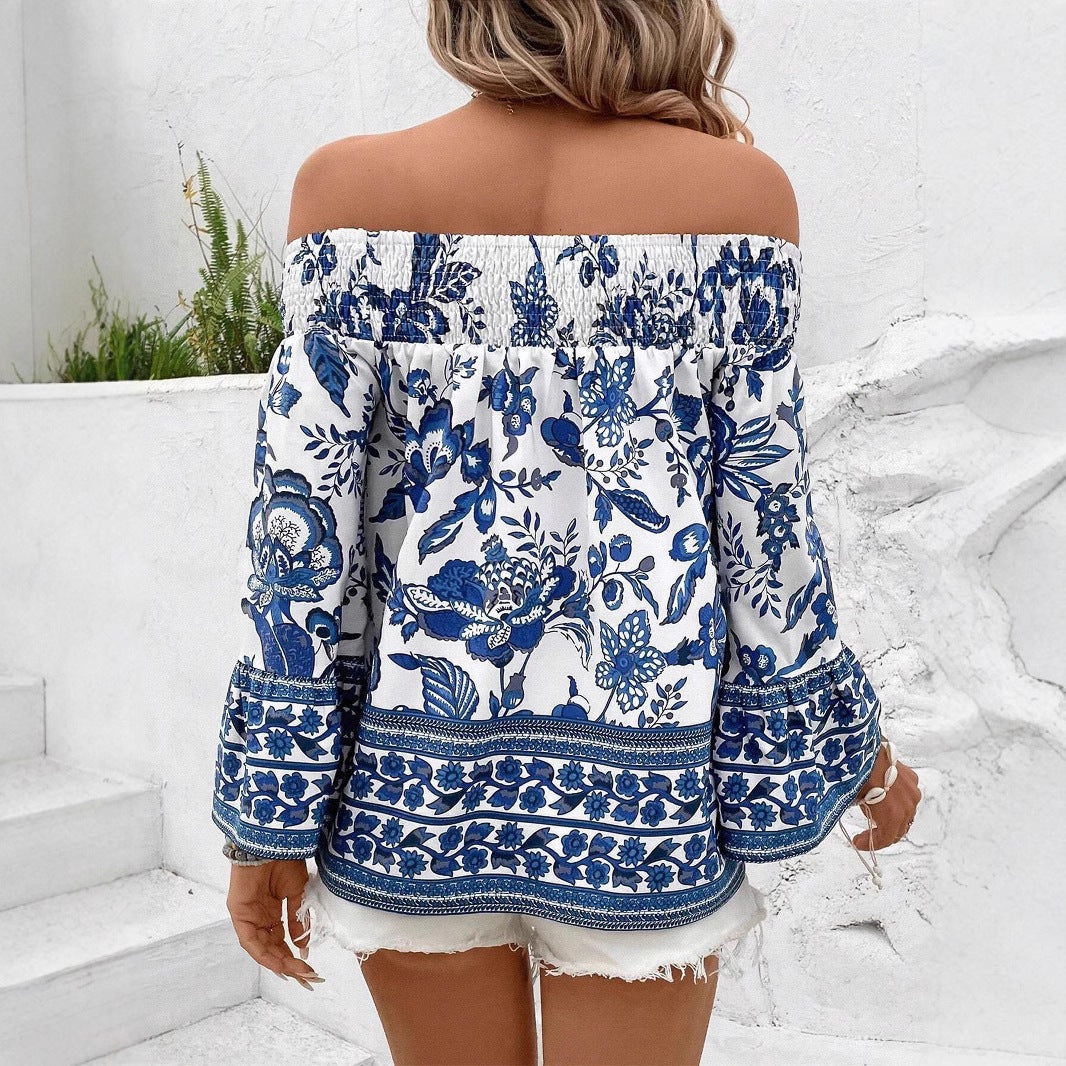 Damen Off-Shoulder Bluse mit floralem Muster und Rüschendetails EB