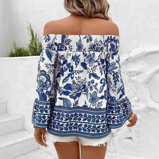 Damen Off-Shoulder Bluse mit floralem Muster und Rüschendetails EB