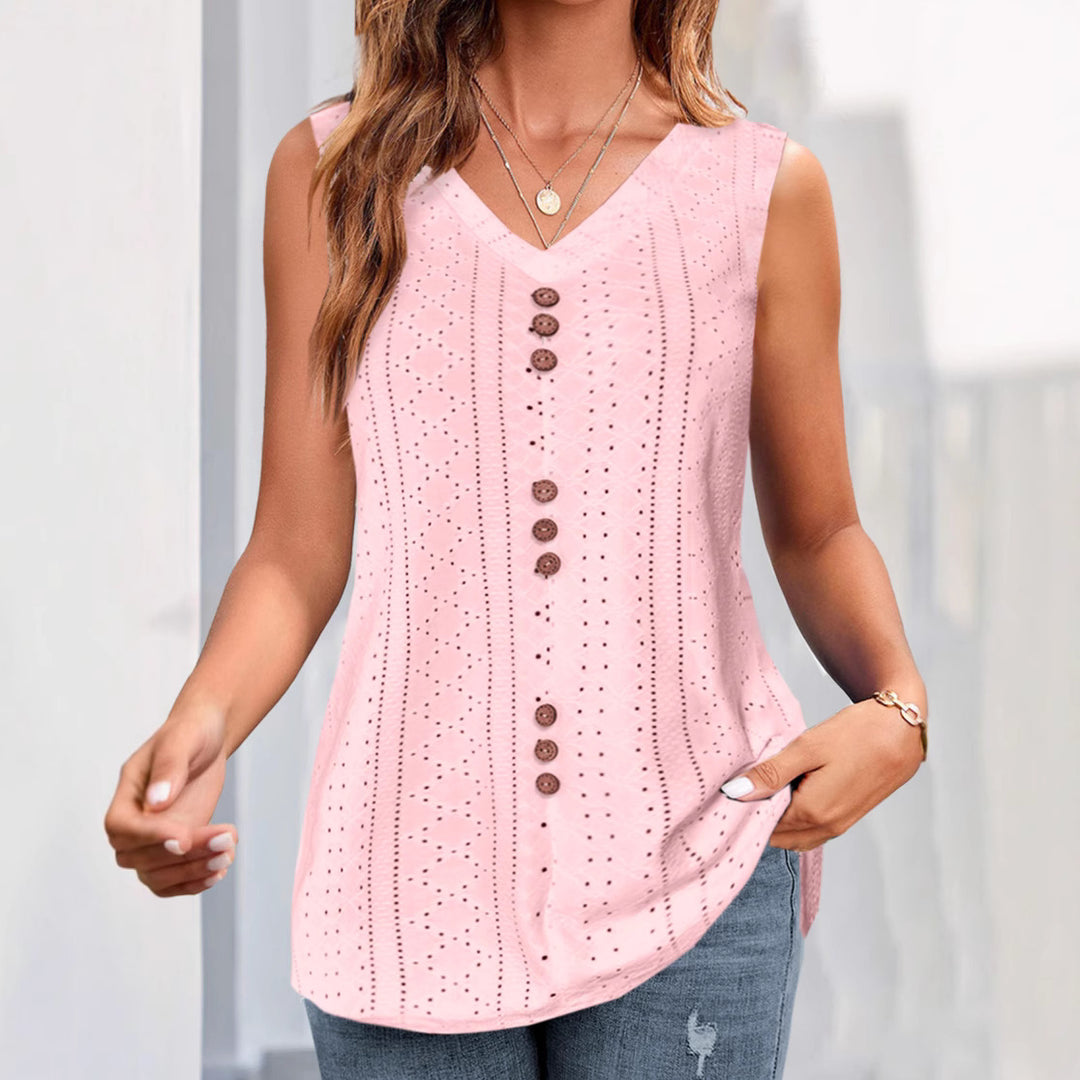 Damen V-Ausschnitt Blusentop mit Knopfleiste und filigranem Lochmuster Heidi-Mode