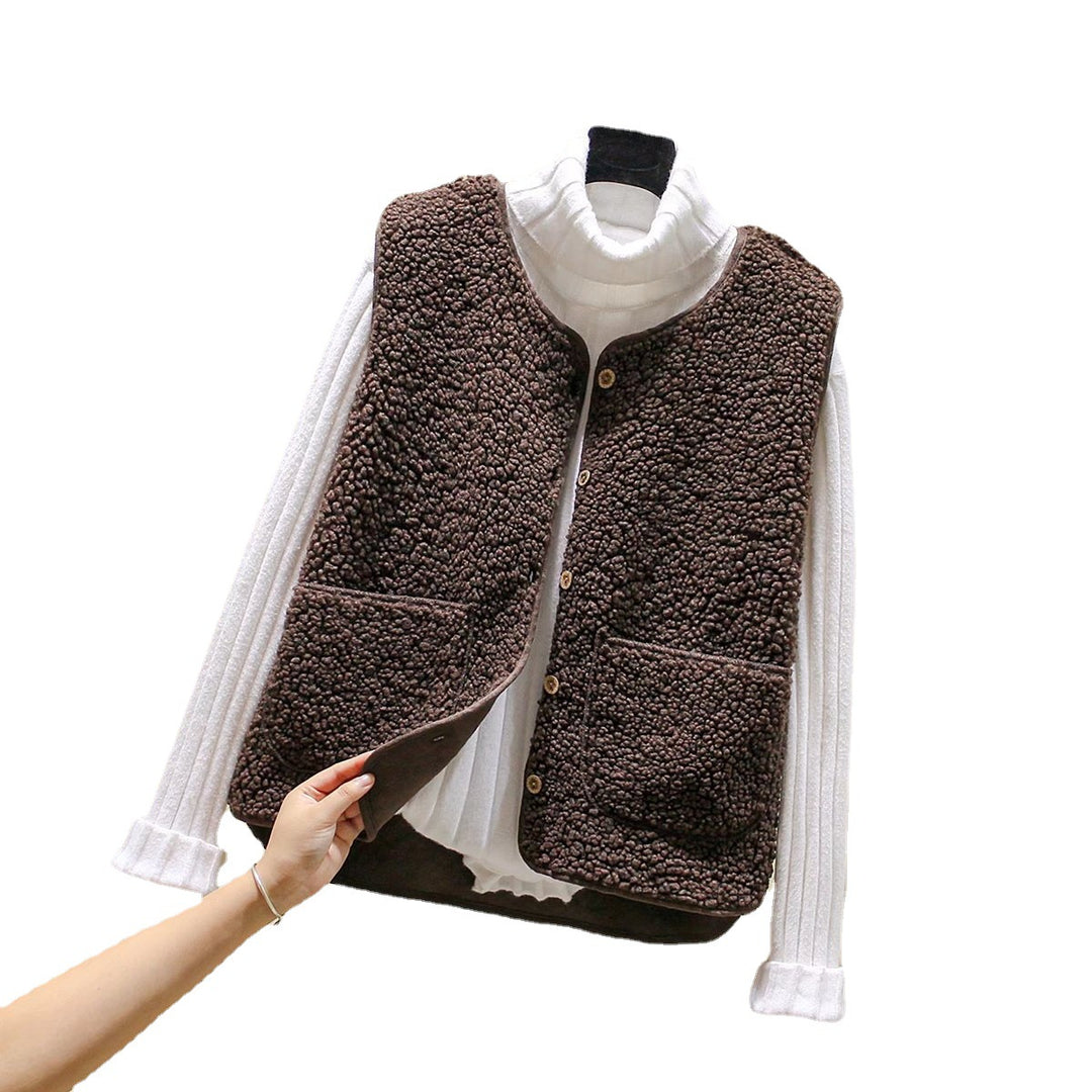 Damen Teddy-Fleece Weste mit Knopfleiste und Aufgesetzten Taschen EB