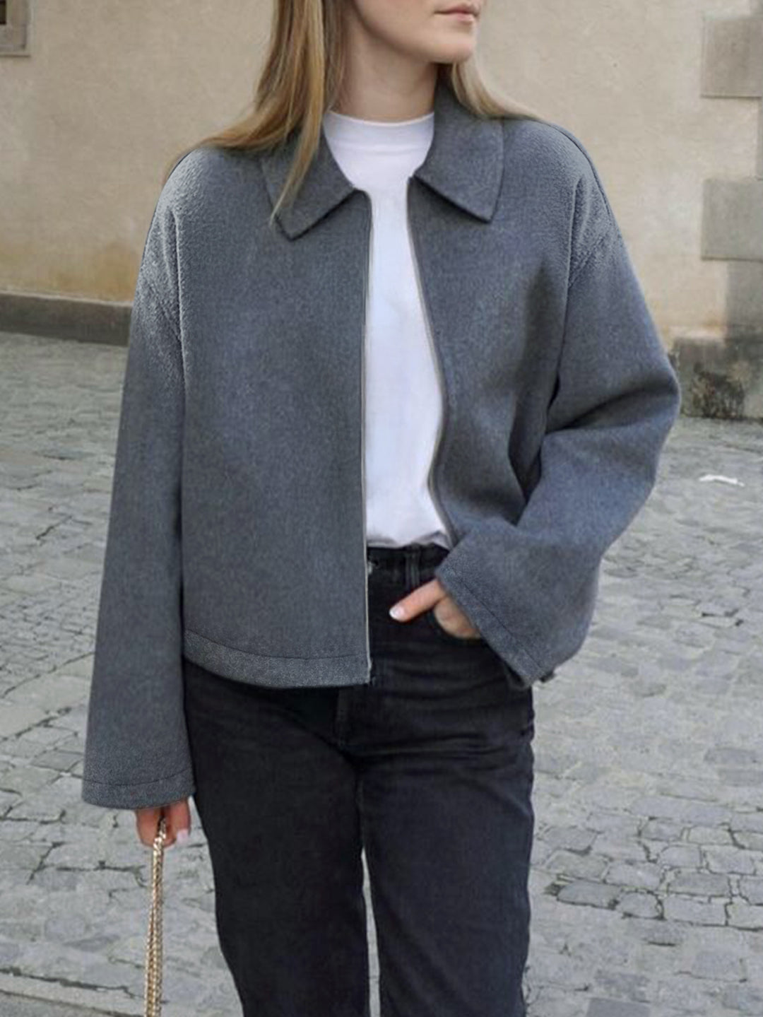 Damen nan kaschmirähnliche Wolljacke mit durchgehendem Reißverschluss, oversized Schnitt und Hemdkragen EB