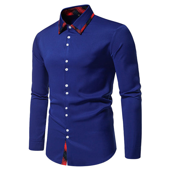 Herren elegantes Langarmhemd mit karierter Kragen-Details EB