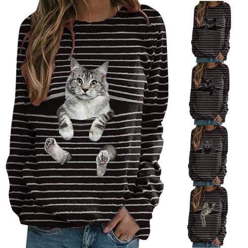 Damen nan lässiger Streifenpullover mit fotorealistischer Katzentasche und Rundhalsausschnitt EB