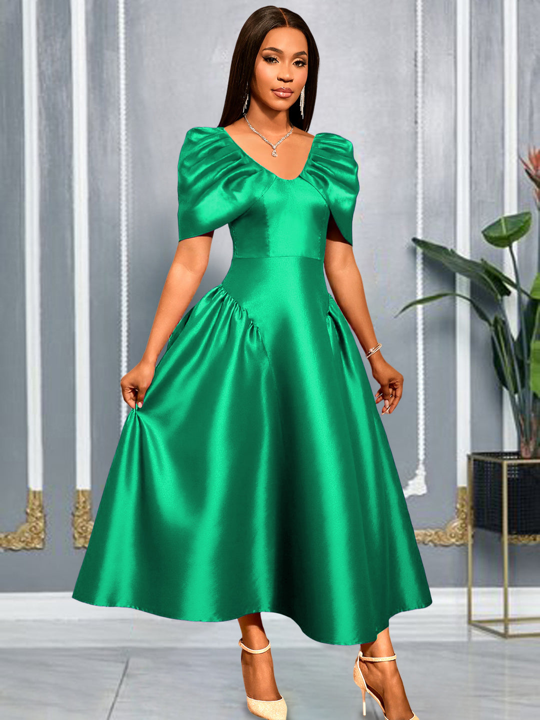 Damen elegantes Midikleid mit voluminösen Puffärmeln und schwingendem Rock EB