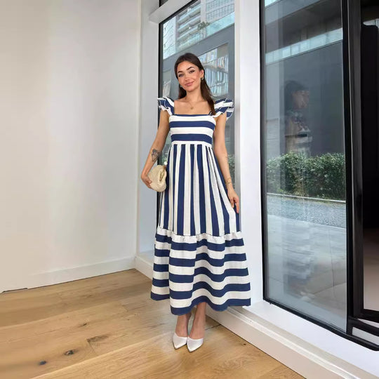 Damen Maxi-Kleid mit verspieltem Streifenmuster und Rüschendetails EB