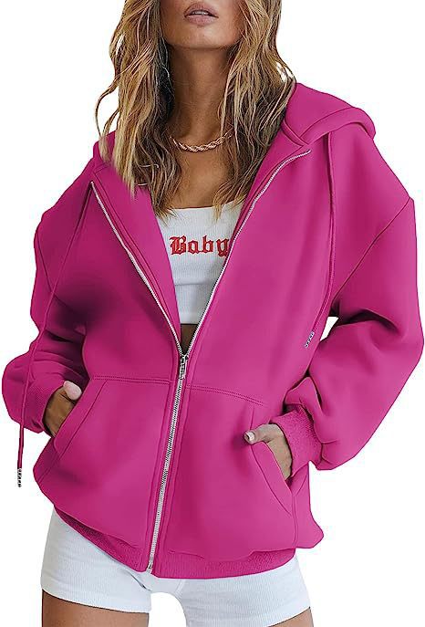 Damen nan oversized Kapuzenjacke mit durchgehendem Reißverschluss Kängurutaschen und weichem Sweatmaterial EB