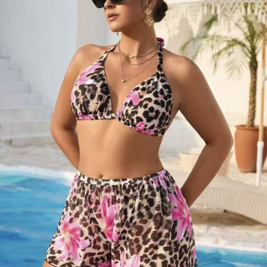 Damen Bikini-Set mit modischem Tiermuster und hoch taillierten Shorts EB