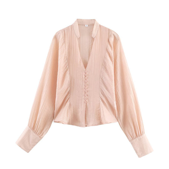 Damen elegante Bluse mit tiefem V-Ausschnitt und strukturierten Ärmeln EB