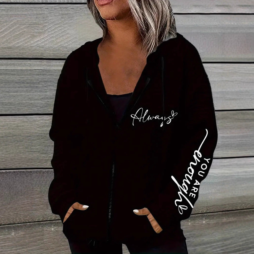 Damen nan oversized Kapuzenjacke mit Reißverschluss, handgeschriebener Typo-Applikation und Kontrast-Eingrifftaschen EB