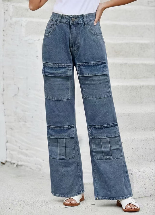 Damen nan High‑Waist Utility-Denimhose mit aufgesetzten Knie-Patches, Cargo‑Taschen und weitem Schlag EB
