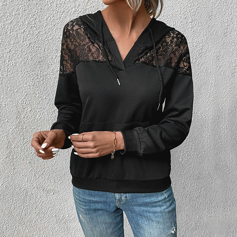 Damen Kapuzenpullover mit Spitzenbesatz und Kängurutasche EB
