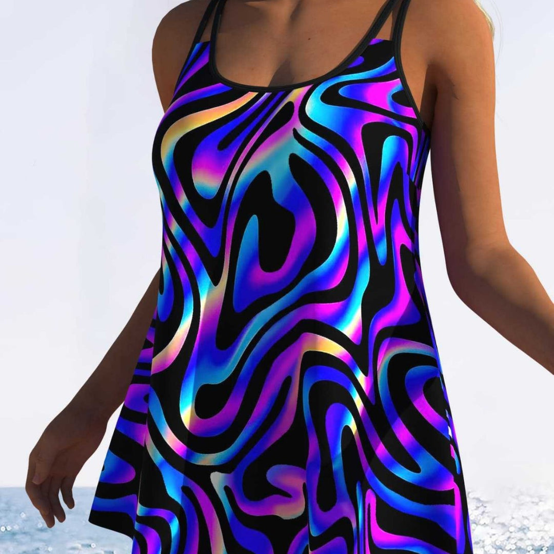 Damen Swimmingdress mit modischem Wellenmuster und fließendem Schnitt EB