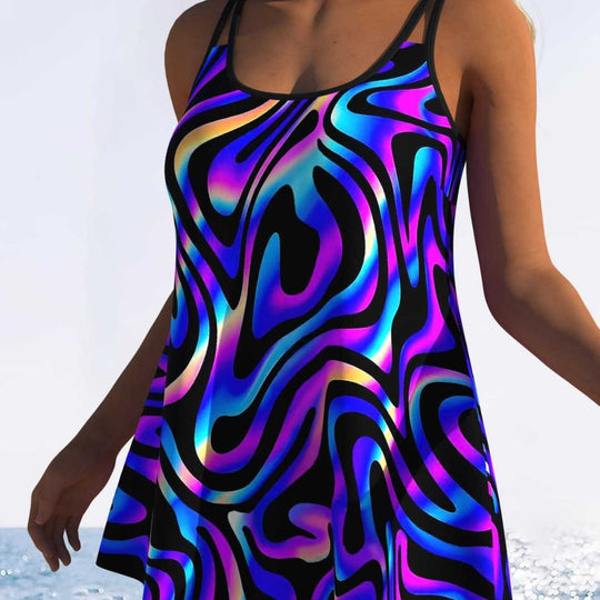 Damen Swimmingdress mit modischem Wellenmuster und fließendem Schnitt EB