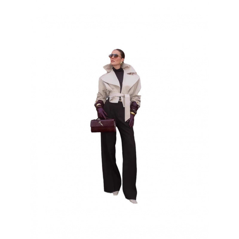 Damen modische Trenchjacke mit breitem Kragen und Taillengürtel EB