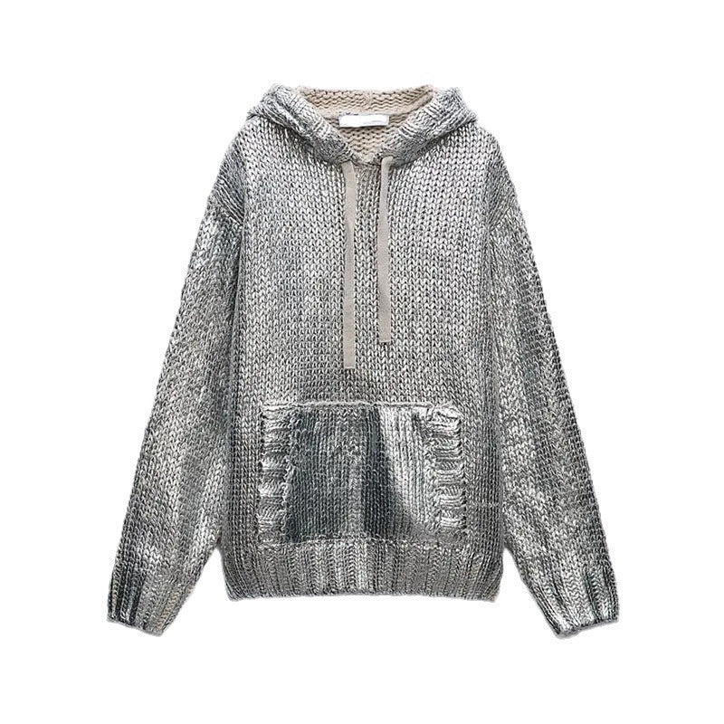 Damen Glitzernder Strickpullover mit Kapuze und praktischer Kängurutasche EB