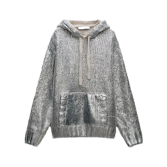 Damen Glitzernder Strickpullover mit Kapuze und praktischer Kängurutasche EB
