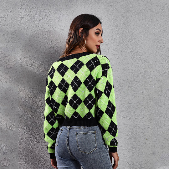 Damen Trendige Karomuster Strickjacke mit Knopfverschluss und weitem Schnitt EB