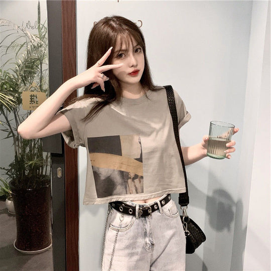 Damen Crop-T-Shirt mit kreativem Grafikdruck EB