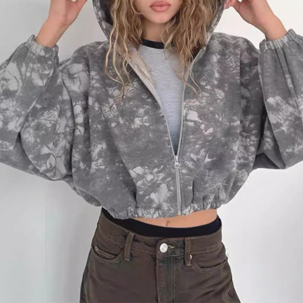 Damen nan kurzes Zip-Hoodie mit Used-Effekt, Kapuze und elastischem Saum EB