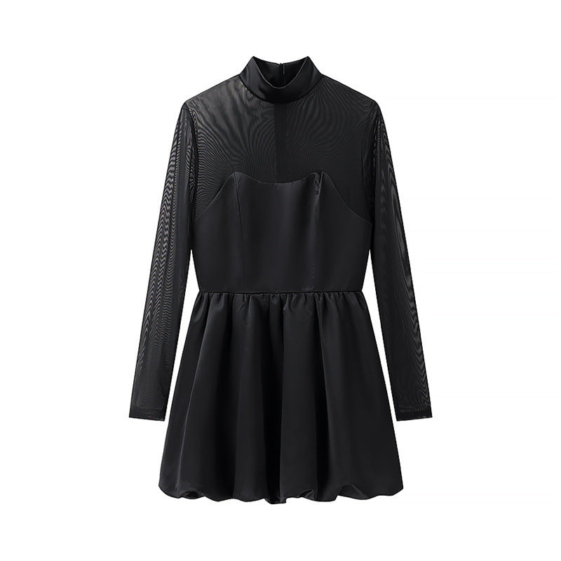 Damen elegantes Minikleid mit transparenten Ärmeln und hohem Kragen EB