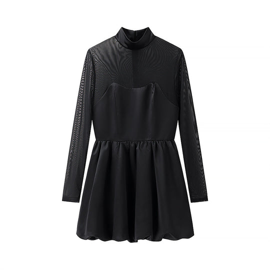 Damen elegantes Minikleid mit transparenten Ärmeln und hohem Kragen EB