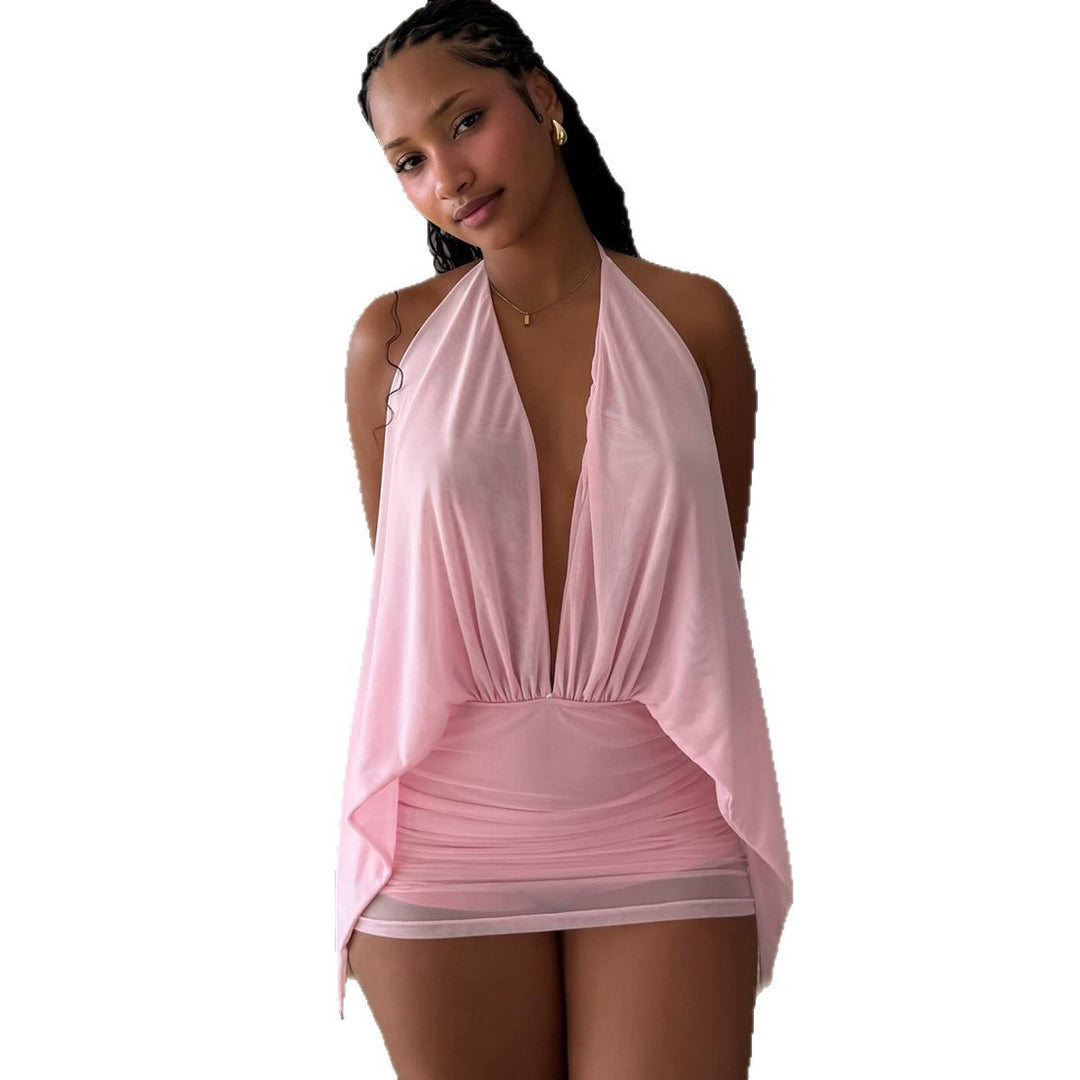 Damen kurzes lässiges Strandkleid mit tiefem V-Ausschnitt und fließender Silhouette EB