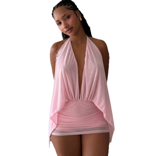 Damen kurzes lässiges Strandkleid mit tiefem V-Ausschnitt und fließender Silhouette EB