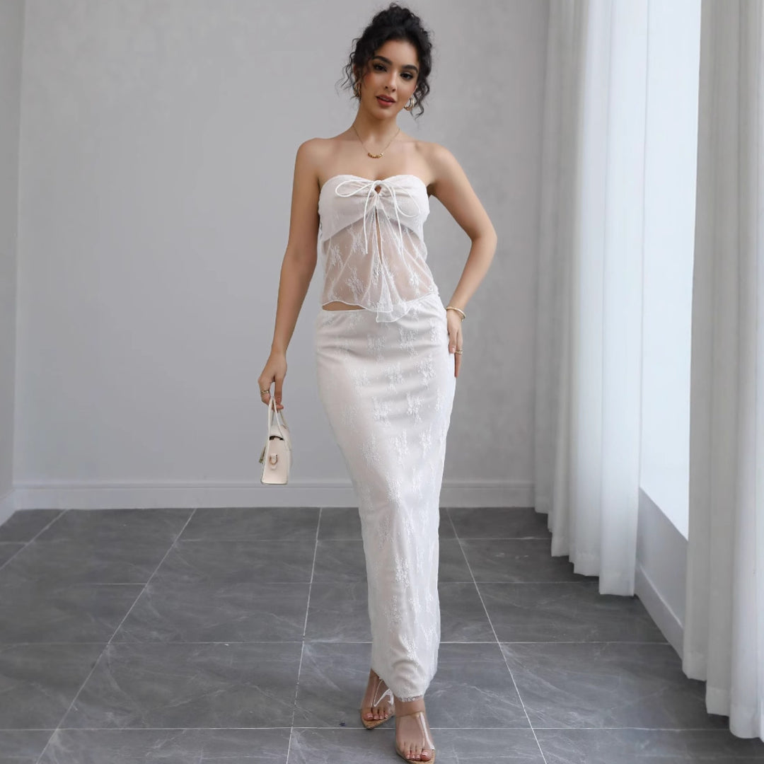 Damen Off-Shoulder Maxikleid mit feiner Spitze und elegantem Bund EB
