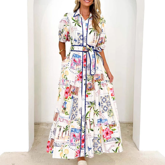 Damen Maxikleid mit buntem floralem Druck und einem eleganten Gürtel EB