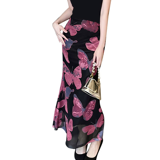 Damen elegantes Maxikleid mit floralem Schmetterlingsmuster und fließendem Stoff EB