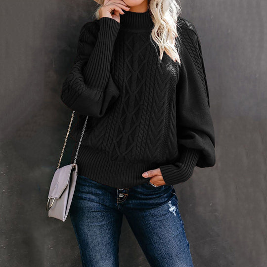 Damen modischer Strickpullover mit hochgeschlossenem Kragen und voluminösen Ärmeln EB