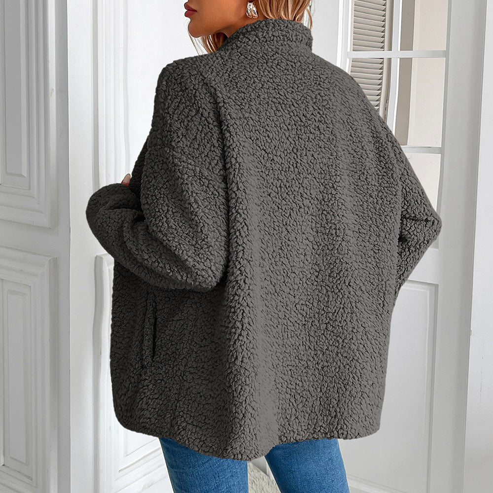 Damen kuschelige Fleecejacke mit hohen Kragen und praktischen Taschen EB