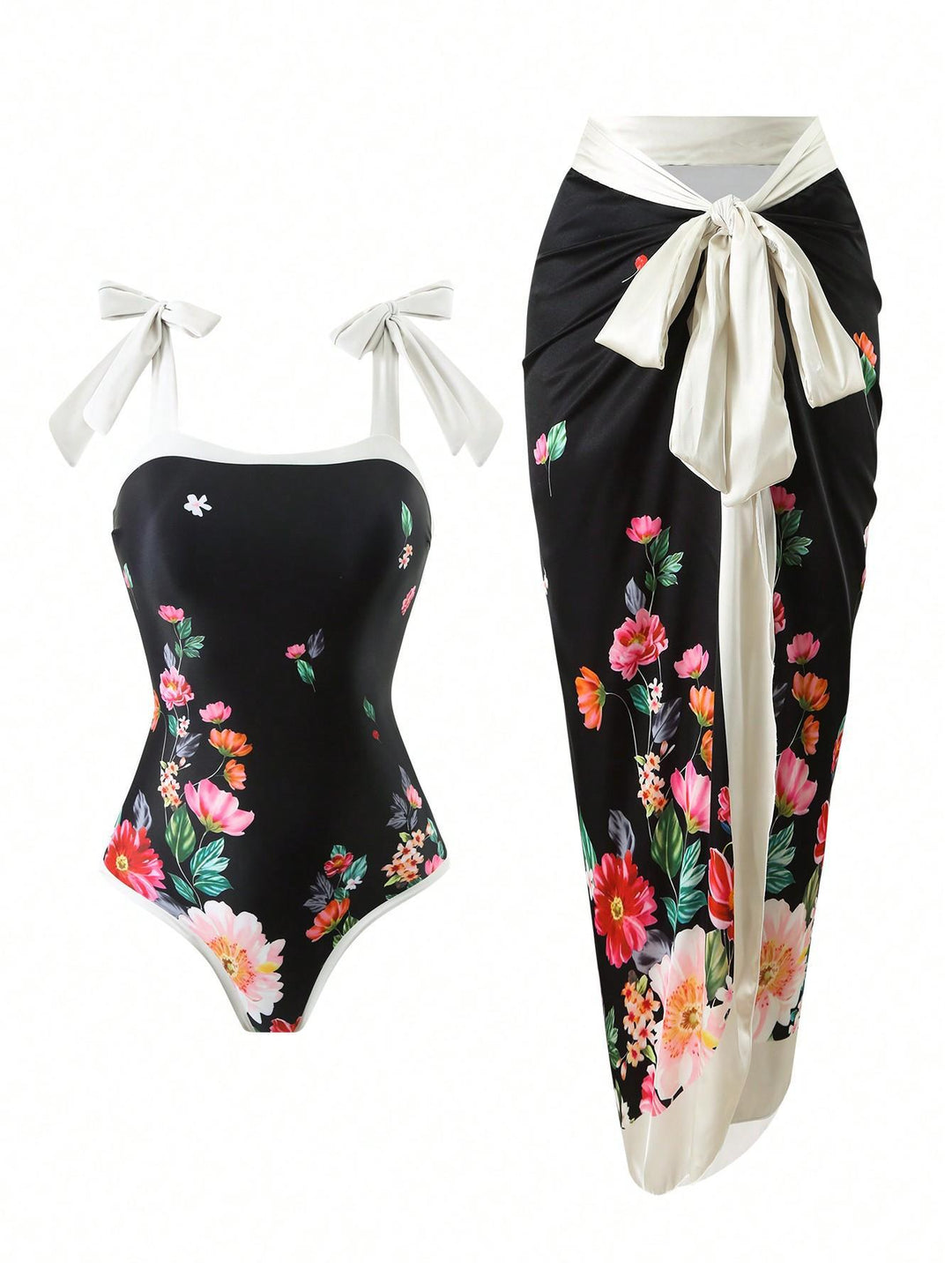 Damen Eleganter Badesuit mit floralen Akzenten und modischem Wickelrock EB