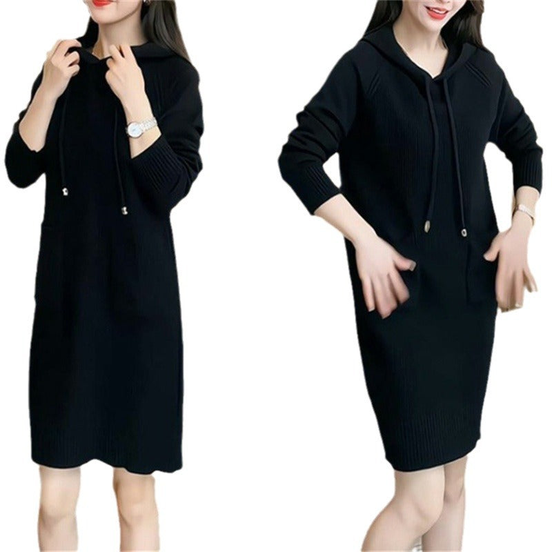 Damen Strickkleid mit Kapuze und praktischen Taschen EB