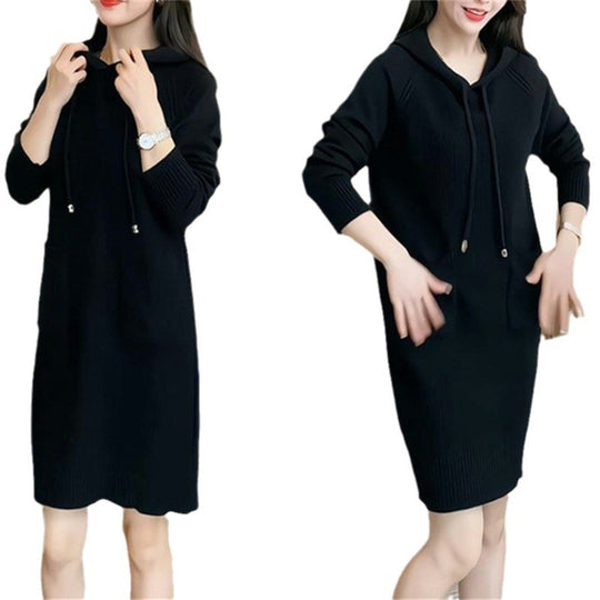 Damen Strickkleid mit Kapuze und praktischen Taschen EB