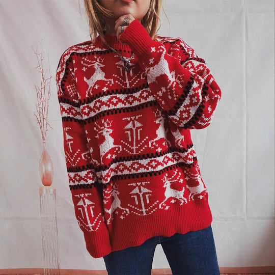 Damen Weihnachts-Pullover im festlichen Norwegermuster mit Rundhalsausschnitt EB