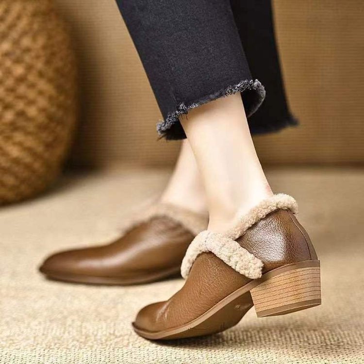 Damen Elegante Stiefeletten mit flauschigem Kragen und komfortablem Blockabsatz EB