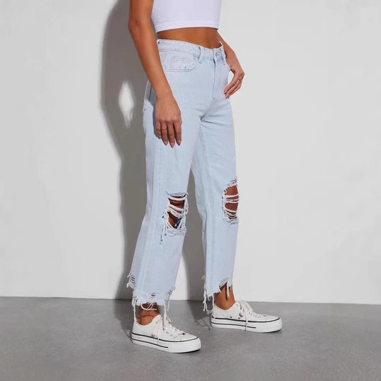 Damen lässige Boyfriend Jeans mit auffälligen Destroyed-Details und weitem Bein EB