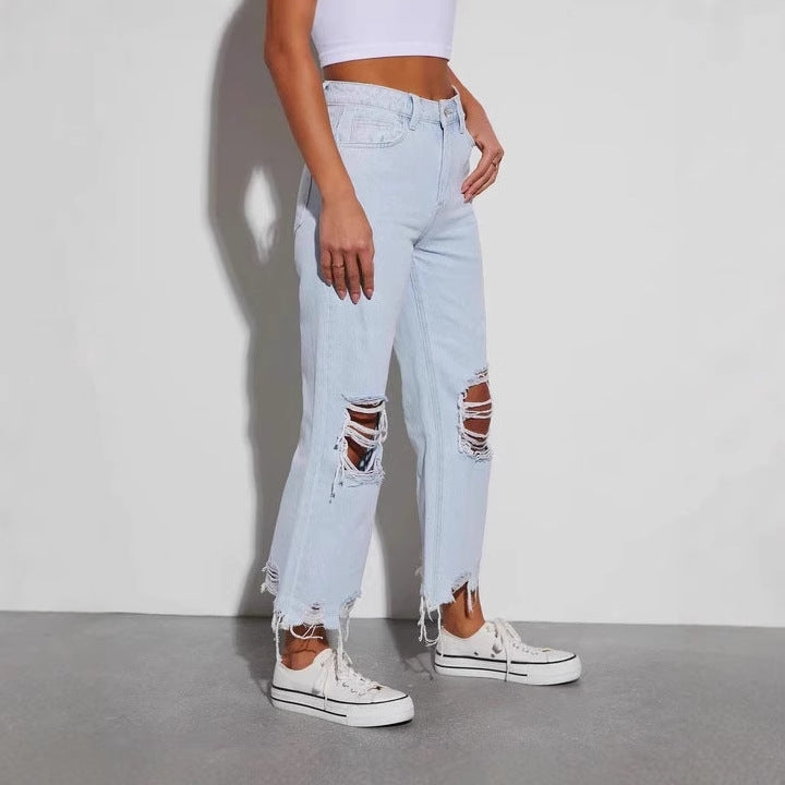 Damen nan cropped-weitjeans mit hoher Taille, ausgefranstem Saum und starkem Knee-Ripping EB