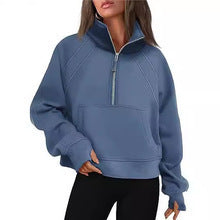 Damen nan weit geschnittenes Kurzpullover mit Stehkragen, halbem Reißverschluss und Kängurutasche EB