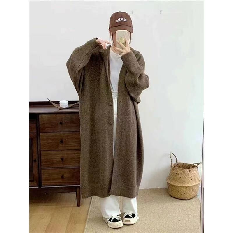 Damen Langer Strickcardigan mit Kapuze und praktischen Knöpfen EB