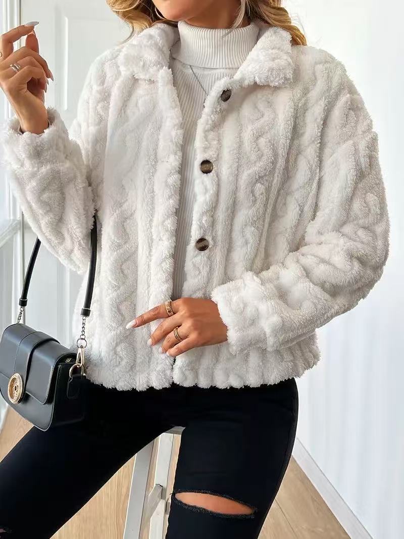 Damen Plüschjacke mit Knopfverschluss und gestreiftem Strukturdesign EB