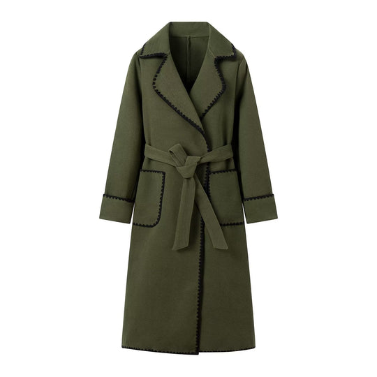 Damen eleganter Longcoat mit Bindegürtel und kontrastierenden Paspeln EB