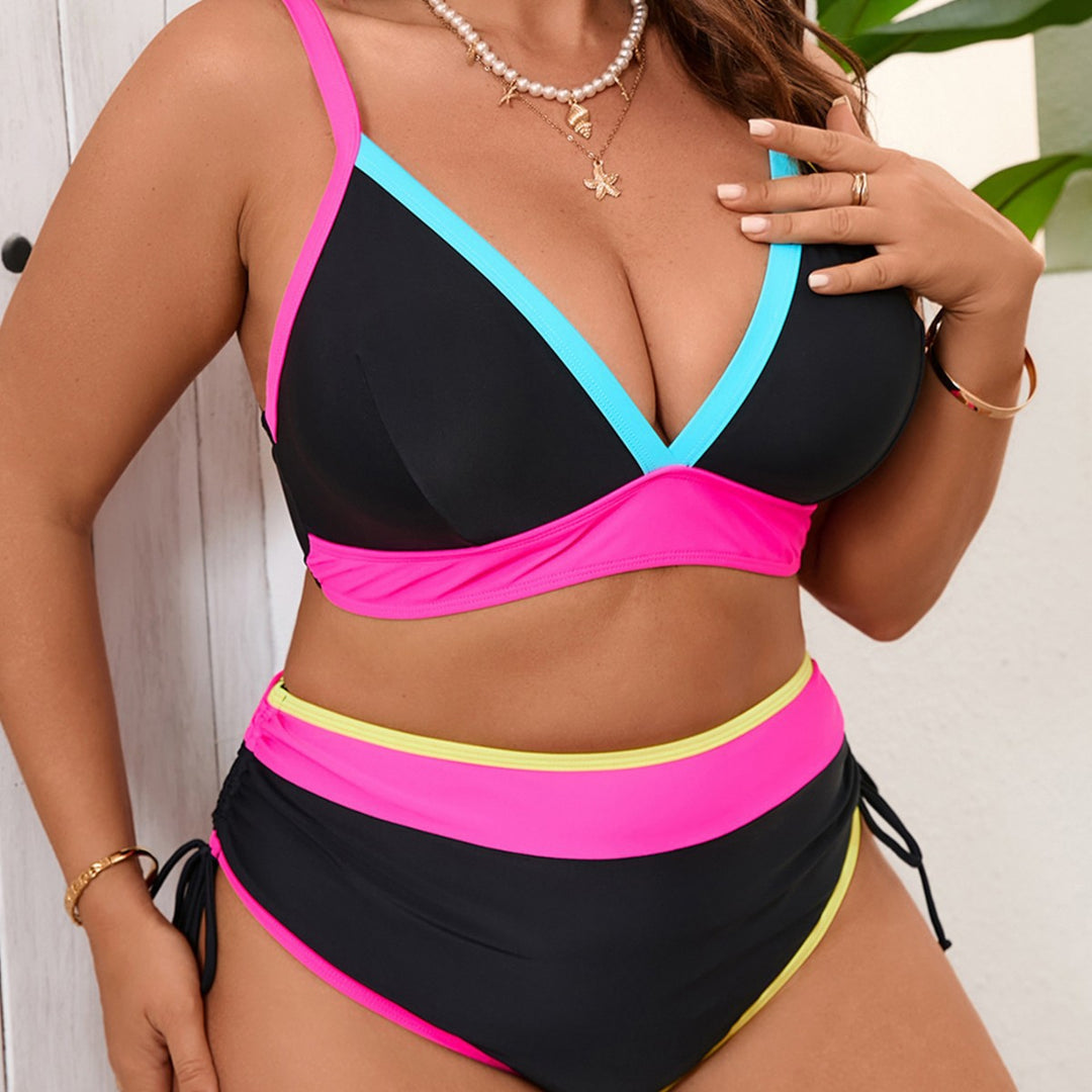 Damen Sportliches Bikini-Set mit hoch taillierten Höschen und modischem Farbkontrast EB